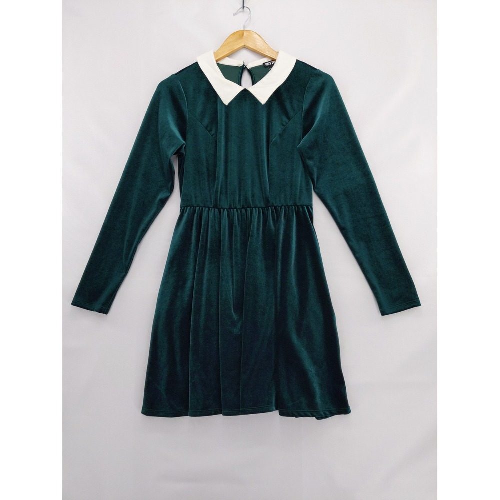 Hot Topic Velvet Dress Womens SM Green Peter Pan Collar Long Sleeve Fit Flare
